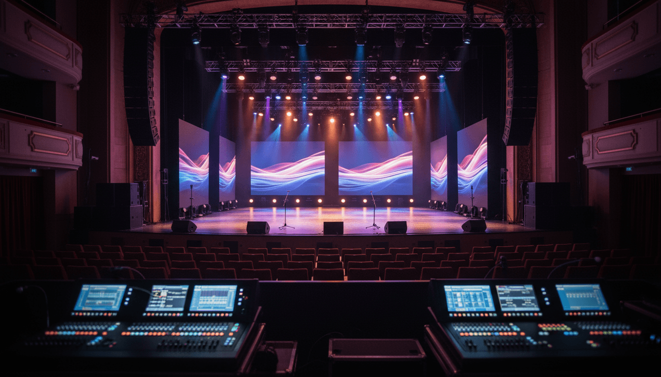 Professional stage setup with lighting and audio gear for a performing arts event