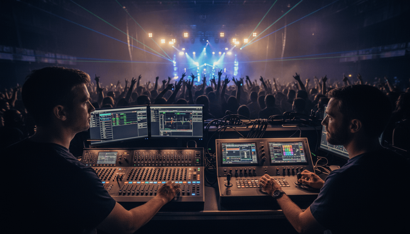 Sound engineer and lighting technician operating professional control panels with live stage lighting and crowd visible in background