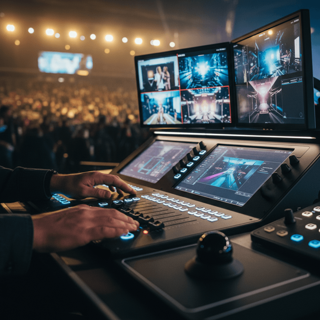 Close-up of operator's hands adjusting lighting console controls with stage lighting effects visible on display screens